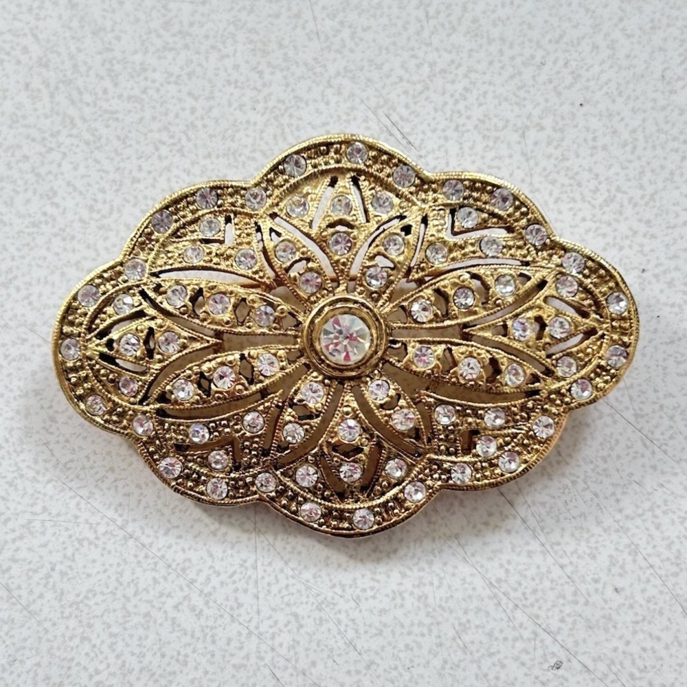 1928 Victorian Revival Lapel Pin Brooch Clear Rhinestone Gold Tone Filigree
